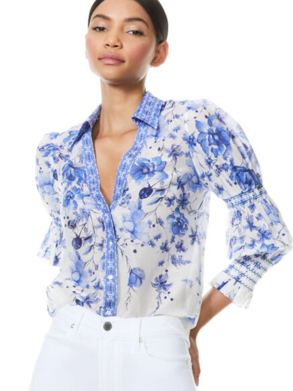 Alice + Olivia Cosima Flora Button Front Blouse Forget Me Not Multi Small READ🚨